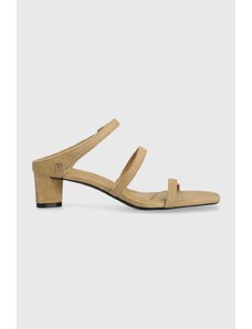 Tommy Hilfiger ciabatte slide in camoscio TH STRAP SUEDE MID HEEL donna colore beige FW0FW08043