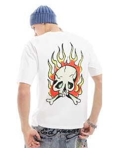 Ed Hardy - T-shirt oversize con logo frontale e teschio infiammato sul retro-Bianco
