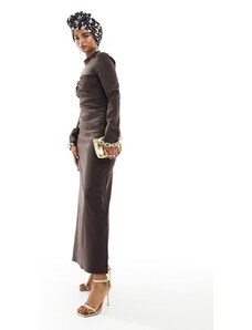 ASOS DESIGN - Vestito lungo accollato marrone cioccolato don dettaglio incrociato sul petto