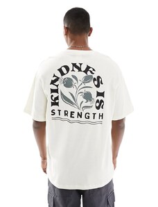 Selected Homme - T-shirt oversize color crema con stampa "Kindness Is Strength" sul retro-Bianco
