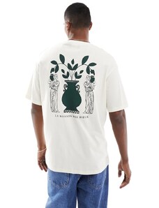 Selected Homme - T-shirt oversize color crema con stampa verde sulla schiena-Bianco