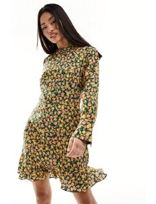 French Connection - Aleezia - Vestito corto morbido verde a fiori testurizzato a maniche lunghe