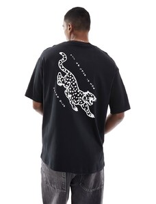 Selected Homme - T-shirt oversize nera con stampa di tigre giapponese sulla schiena-Nero