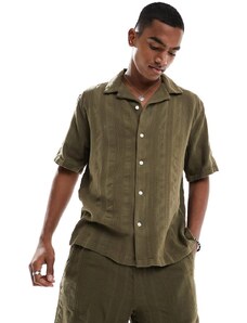 Abercrombie & Fitch - Camicia vestibilità comoda a maniche corte in plumetis verde medio a righe in coordinato