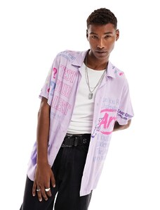 Coney Island Picnic - Camicia a maniche corte con colletto rever viola con stampe vistose a tema scuola d'arte in coordinato