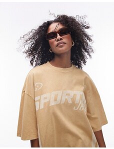 Topshop - T-shirt oversize color pietra slavato con grafica "Sportif"-Neutro