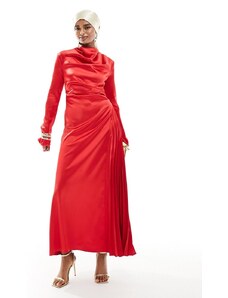 ASOS DESIGN - Vestito lungo con pieghe in raso rosso