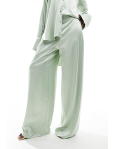 ASOS DESIGN - Pantaloni del pigiama a fondo ampio in raso color verde salvia in coordinato