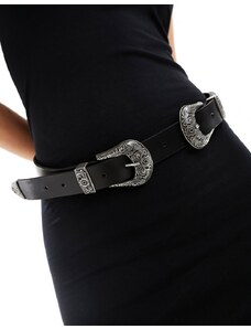 ASOS DESIGN - Cintura per vita e fianchi stile western in pelle color argento con doppia fibbia