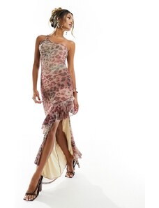 ASOS DESIGN - Vestito lungo in rete con stampa leopardata e volant-Multicolore