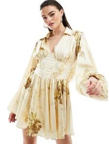 ASOS DESIGN - Vestito camicia corto in raso color crema a fiori con scollo ad anello sul retro e vita stile corsetto-Multicolore