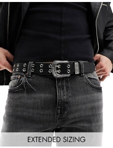 ASOS DESIGN - Cintura in pelle sintetica nera con fibbia argentata stile western e borchie a stella-Nero