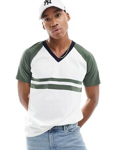 ASOS DESIGN - T-shirt bianca cut & sew con maniche raglan verdi-Multicolore