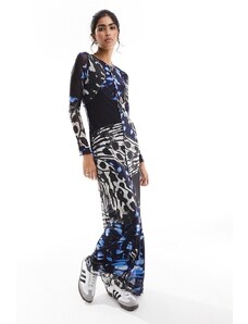 Vero Moda - Vestito lungo a maniche lunghe in tessuto a rete con stampa astratta con farfalle e bordo ondulato-Blu