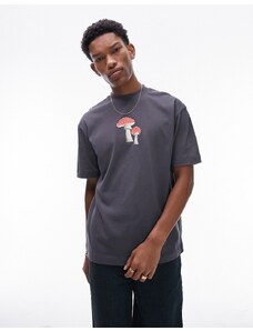 Topman - T-shirt oversize premium antracite con stampa di funghi dipinti-Grigio
