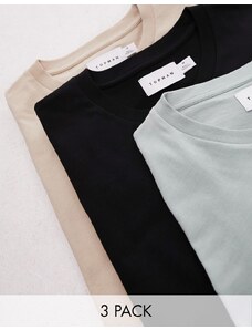 Topman - Confezione da 3 T-shirt vestibilità classica nera, color pietra e salvia-Multicolore