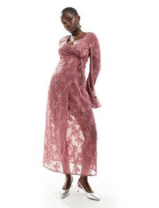 ASOS DESIGN - Vestito midi a portafoglio rosa scuro con maniche svasate e motivo floreale dévoré
