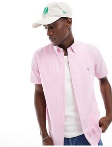 Polo Ralph Lauren - Camicia a maniche corte in seersucker a righe rosa e bianca con logo a icona