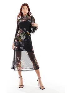 AllSaints - Hanna Sanibel - Vestito midi in rete nero a fiori