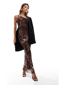 ASOS DESIGN - Vestito lungo monospalla in rete con stampa leopardata-Multicolore