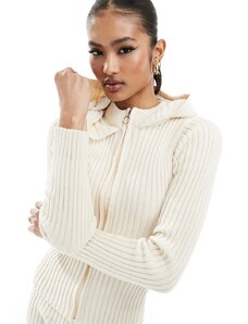 Fashionkilla - Maglione con cappuccio color crema con zip in coordinato-Bianco