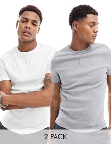 ASOS DESIGN - Confezione da 2 T-shirt attillate a coste color grigio mélange e bianca-Multicolore