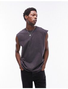 Topman - T-shirt oversize nera slavata senza maniche-Nero