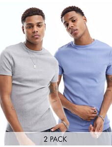 ASOS DESIGN - Confezione da 2 T-shirt attillate a coste color grigio mélange e blu-Multicolore