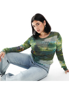 ASOS Curve ASOS DESIGN Curve - T-shirt mini in rete a maniche lunghe con stampa di paesaggio artistico-Multicolore