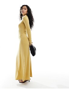 ASOS DESIGN - Vestito lungo asimmetrico giallo a coste con collo arricciato e maniche lunghe