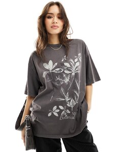 ASOS DESIGN - T-shirt oversize antracite slavato con grafica "NY Botanical"-Nero