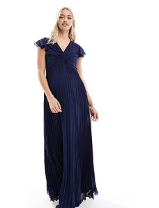 TFNC Maternity - Vestito lungo da damigella in chiffon color blu navy con gonna a pieghe e maniche con volant