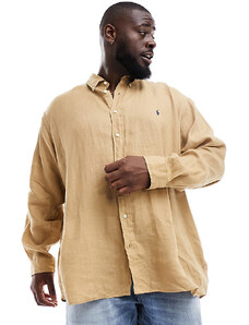 Polo Ralph Lauren Big & Tall - Icon - Camicia classica oversize in lino color cuoio con logo-Marrone