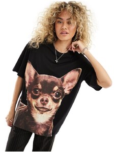 Monki - T-shirt nera con stampa di cane sul davanti-Multicolore