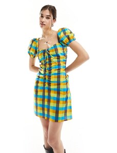 Glamorous - Vestito corto a maniche corte arricciato a quadri in tonalità vivaci con scollo rotondo-Multicolore
