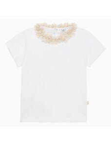 Il Gufo T-shirt bianca in cotone con colletto sfrangiato