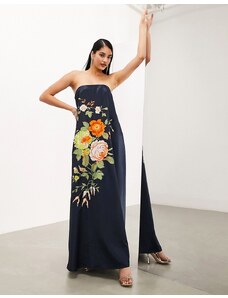 ASOS Edition - Vestito lungo a fascia ricamato color antracite a fiori-Grigio