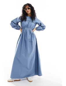 ASOS DESIGN - Vestito lungo in popeline di cotone blu con bustino arricciato
