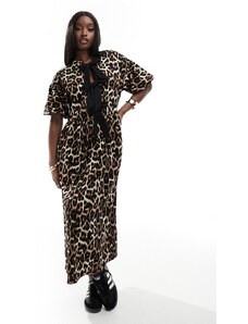 ASOS DESIGN - Vestito lungo leopardato con allacciatura sul davanti e maniche a sbuffo-Multicolore