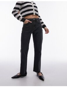 Topshop - Jeans dritti taglio corto a vita medio alta nero slavato con bordi grezzi