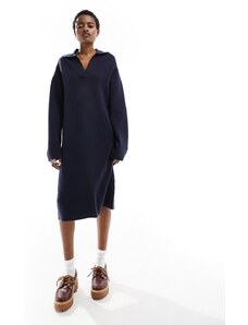 Monki - Vestito midi blu navy a maniche lunghe in maglia con colletto stile polo