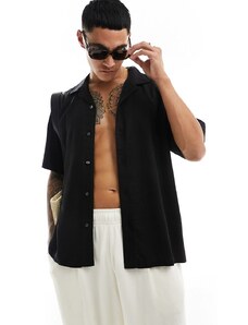 Abercrombie & Fitch - Camicia comoda a maniche corte nera in misto lino-Nero
