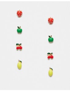 ASOS DESIGN - Confezione da 4 paia di orecchini a bottone multicolore con design a forma di frutta