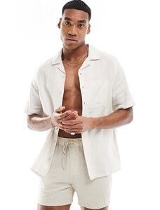 Calvin Klein - Camicia stile cubano in lino e cotone beige a maniche corte-Neutro