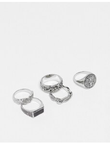 ASOS DESIGN - Confezione da 5 anelli con serpente e bussola color argento