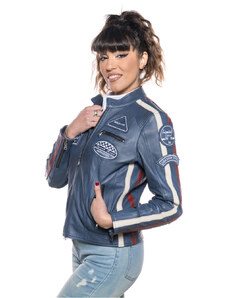 Leather Trend Motociclista Donna - Biker Donna Blu Tamponato in vera pelle