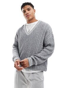 ASOS DESIGN - Maglione oversize in maglia a trecce stile cricket grigio con righe bianche sui bordi
