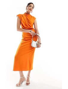 ASOS DESIGN - Vestito midi accollato senza maniche con scollo drappeggiato color arancione