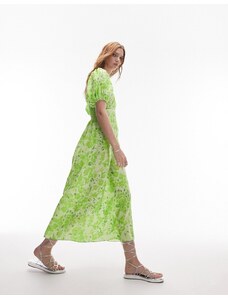 Topshop - Vestito midi verde a fiori con cut-out e maniche a sbuffo