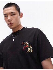 Topman - T-shirt oversize nera con ricamo di testa di serpente stile tatuaggio-Nero